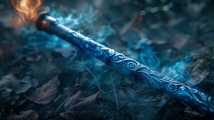 An enchanted wand with a glowing tip among leaves.