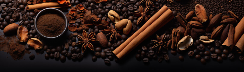 Banner Kaffee, Kaffeebohnen mit Kaffeepulver mit Zimt und Vanillestangen auf einer edlen Oberfläche