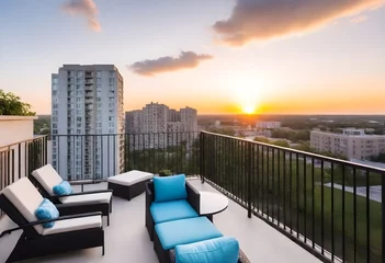 Fotobehang Sunset view from a high-rise balcony with two outdoor sofas and a city skyline in the background  © Muhammad