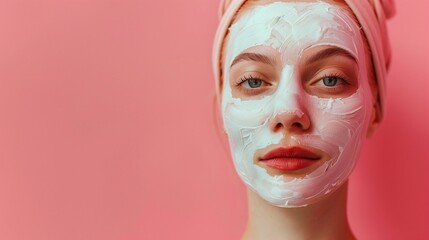 woman with facial mask on pink background - obrazy, fototapety, plakaty