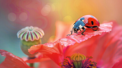 A ladybug on a red flower petal