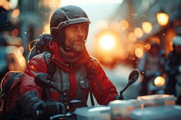 Man Riding Motorcycle Down Street - obrazy, fototapety, plakaty