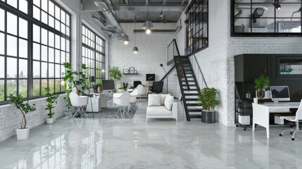 Loft style office, There are white brick wall, polished concrete floor and black steel structure.Furnished with white furniture.There are large windows look out to see the nature