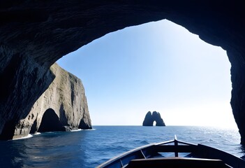 View from inside a cave looking out to the sea with a boat's bow in the foreground and a large rock formation in the distance under a clear blue sky  - Powered by Adobe