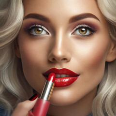 Piękna kobieta malująca usta czerwoną szminką - obrazy, fototapety, plakaty