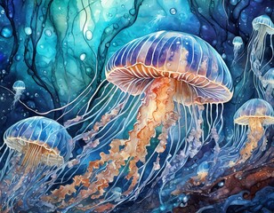 Tapeta, ilustracja z meduzami
 - obrazy, fototapety, plakaty