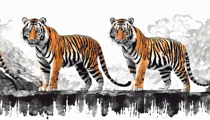 Tygrysy na białym tle. Tapeta, ilustracja - obrazy, fototapety, plakaty