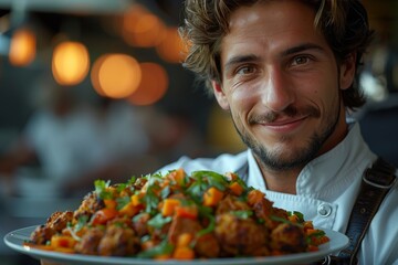 Smiling Man Holding Plate of Food
