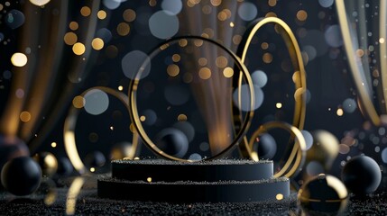 Luxury background with product display podium with black rings frame and gold liquid elements with glitter light effects decorations and bokeh