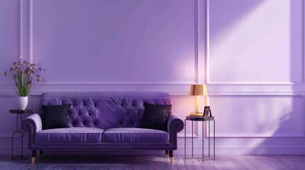 Luxury modern interior of living room ,Ultraviolet home decor concept ,purple sofa and black table with gold lamp on light purple wall and wood floor