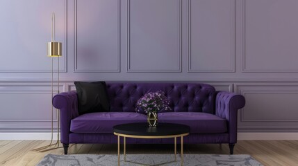Luxury modern interior of living room ,Ultraviolet home decor concept ,purple sofa and black table with gold lamp on light purple wall and wood floor