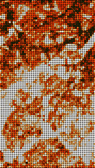 a mosaic of circular dots forming a pixelated pattern, predominantly in shades of orange and white, creating an intricate and abstract visual.