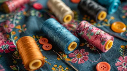 Colorful threads and buttons on fabric.