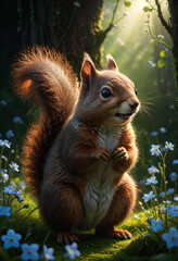 Obraz premium A squirrel stands in the middle of a forget-me-not garden.