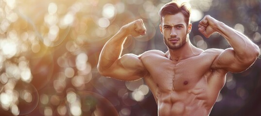 Young american man flexing biceps on blurred background, copy space on right, text space on left