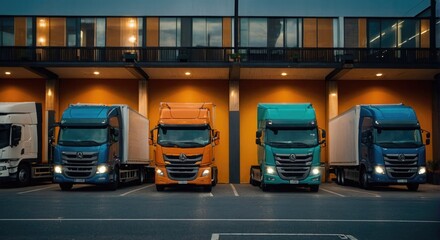 Truck Lineup: Close-Up View of a Row of Parked Trucks, Waiting in Line for Their Next Journeys