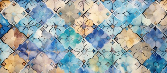 Watercolor tile design in vintage style with colorful fabric and mosaic pattern