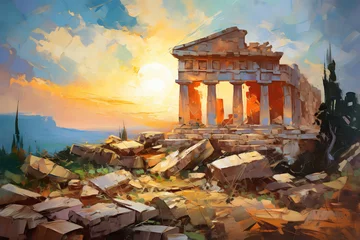 Fotobehang Landscape with the ruins of an ancient temple. Oil painting in impressionism style. © Osadchyi_I