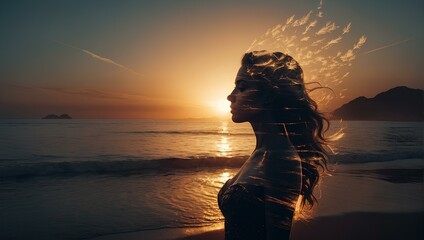 A girl stands on the beach with luminous feathers flying from her