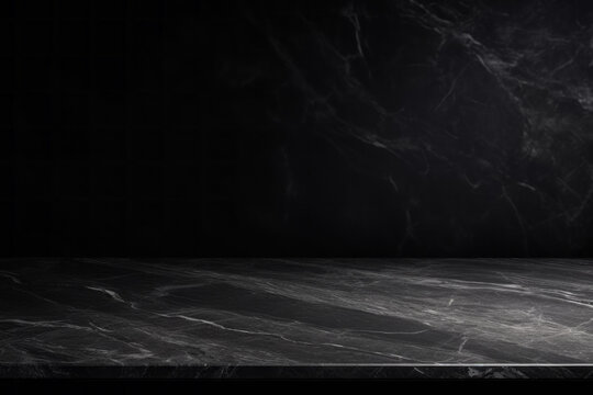 Closeup of black marble empty table on black kitchen wall background