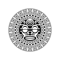 Round tattoo ornament with sun face maori style. African, aztecs or mayan ethnic mask. Black and white.