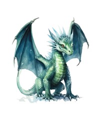 Fototapeta premium Watercolor illustration of a green dragon isolated on white background.