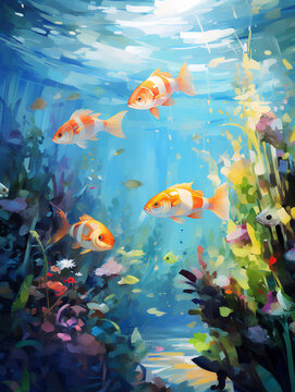 Beautiful underwater landscape. Oil painting in impressionism style.