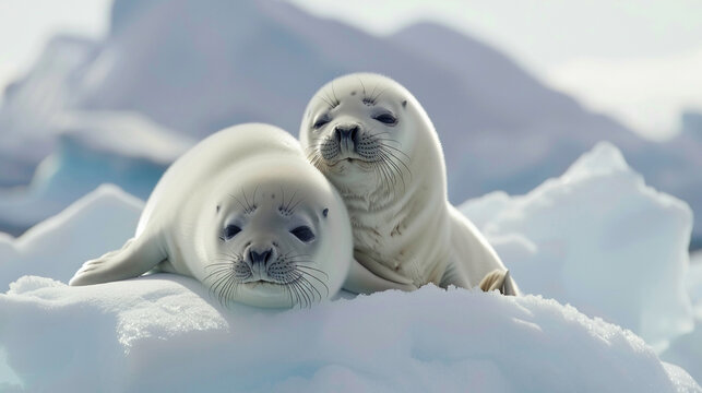 Adorable baby harp seals nestled on a snowy ice floe in the Arctic waters.