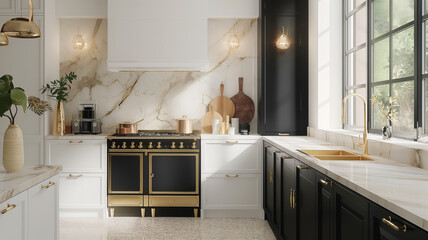 Kitchen interior with white and black marble walls