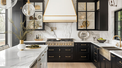Kitchen interior with white and black marble walls