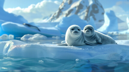 Adorable baby harp seals nestled on a snowy ice floe in the Arctic waters.