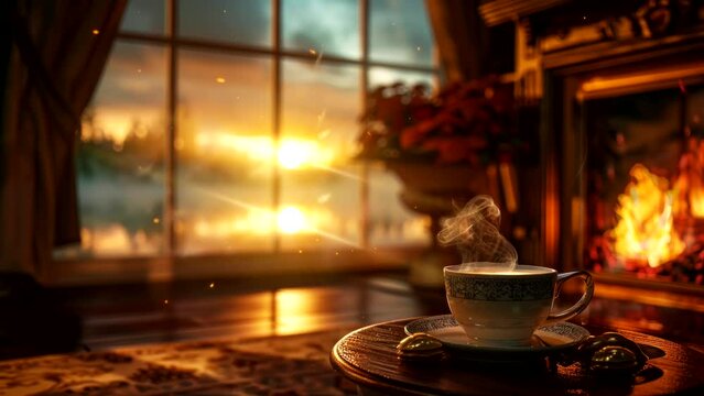 Toasty Sips: Coffee Magic by the Fireplace Glow