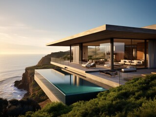 Obraz premium A cliff-top residence, where a sleek modern house with floor-to-ceiling windows overlooks a rugged coastline and crashing waves below