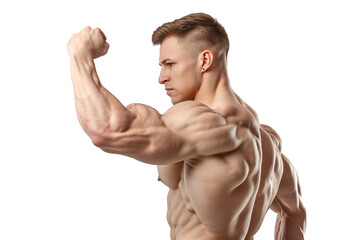 Muscular man posing showing off muscles on transparent background