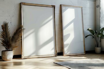 Elegant Interior Display Two Blank Golden Frames Leaning Against a Textured Wall, Illuminated by Natural Light Through a Nearby Window