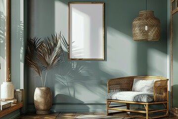 Elegant Green Living Room Interior with Rattan Furniture, Stylish Mockup Frame, and Natural Decor Elements Illuminated by Soft Sunlight