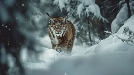  Agile lynx prowling through the deep snow in a silent, snowy wilderness. © Artist