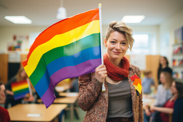 Smiling educator holding a pride flag stands proudly in a classroom, promoting diversity and inclusion among students.

