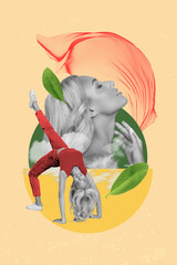 3d retro abstract creative artwork template collage of attractive female flexible bridge pose...