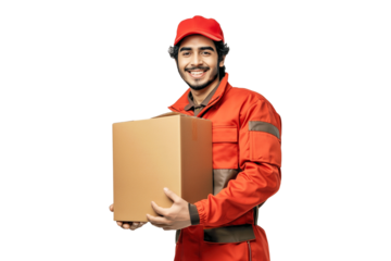 A happy courier in uniform carries a parcel box on a transparent background