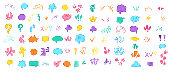 Anime emotion effect big set.  Expressions speech bubble, hearts, mark points in comic doodle style. Vector illustration