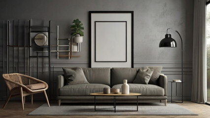 Frame mockup paper size. Living room wall poster mockup. Interior mockup with house background. Modern interior design. 3D render