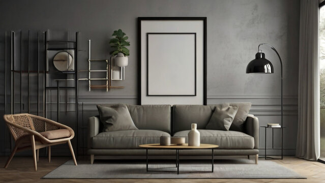 Frame mockup paper size. Living room wall poster mockup. Interior mockup with house background. Modern interior design. 3D render