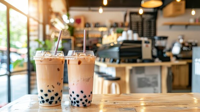 Assorted tapioca bubble teas on a blurred coffee shop background with space for text placement