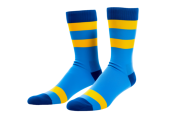 Pair of blue socks with yellow stripes on transparent background