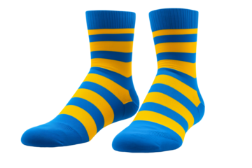 Pair of blue socks with yellow stripes on transparent background
