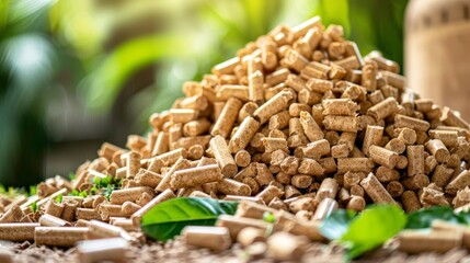 Obraz premium Biomass wood pellets and woodpile stack with blurred background, ideal for text placement.