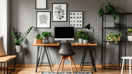 Patterned posters above desk with computer monitor in grey home office interior with plants