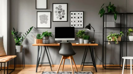 Fotobehang Patterned posters above desk with computer monitor in grey home office interior with plants © Sasint