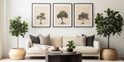 Living room with posters on white wall, beige sofa, ficus, and black table.